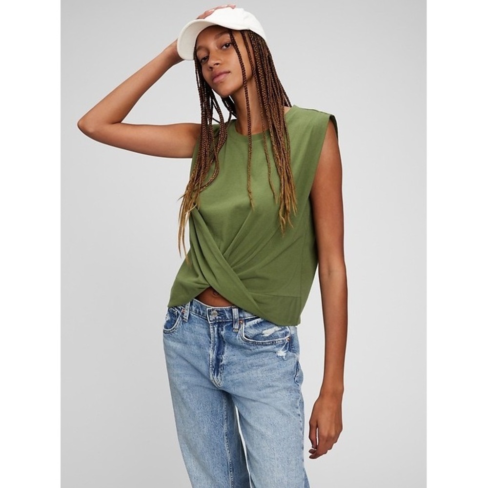 GAP Womens Olive Green Twist Front Muscle Tank Top Small 100% Cotton Crew Neck